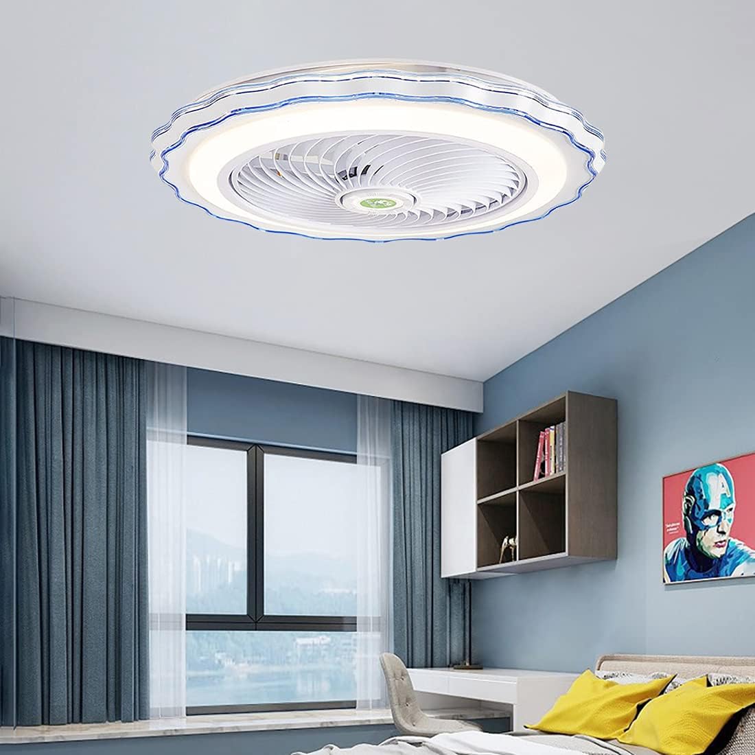 YUEGOO Bedroom Ceiling Fan with Light and Remote Control 3 Speeds with Timer Led Dimmable Ultra-Thin Fan Ceiling Light Modern Living Room Quiet Ceiling Fan Light/Blue