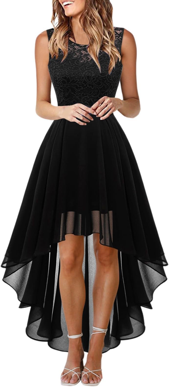 Women's Lace Dress Sleeveless Front Short Back Long Irregular Prom Dress Festive Chiffon Dresses with Crew Neck Halterneck Dresses