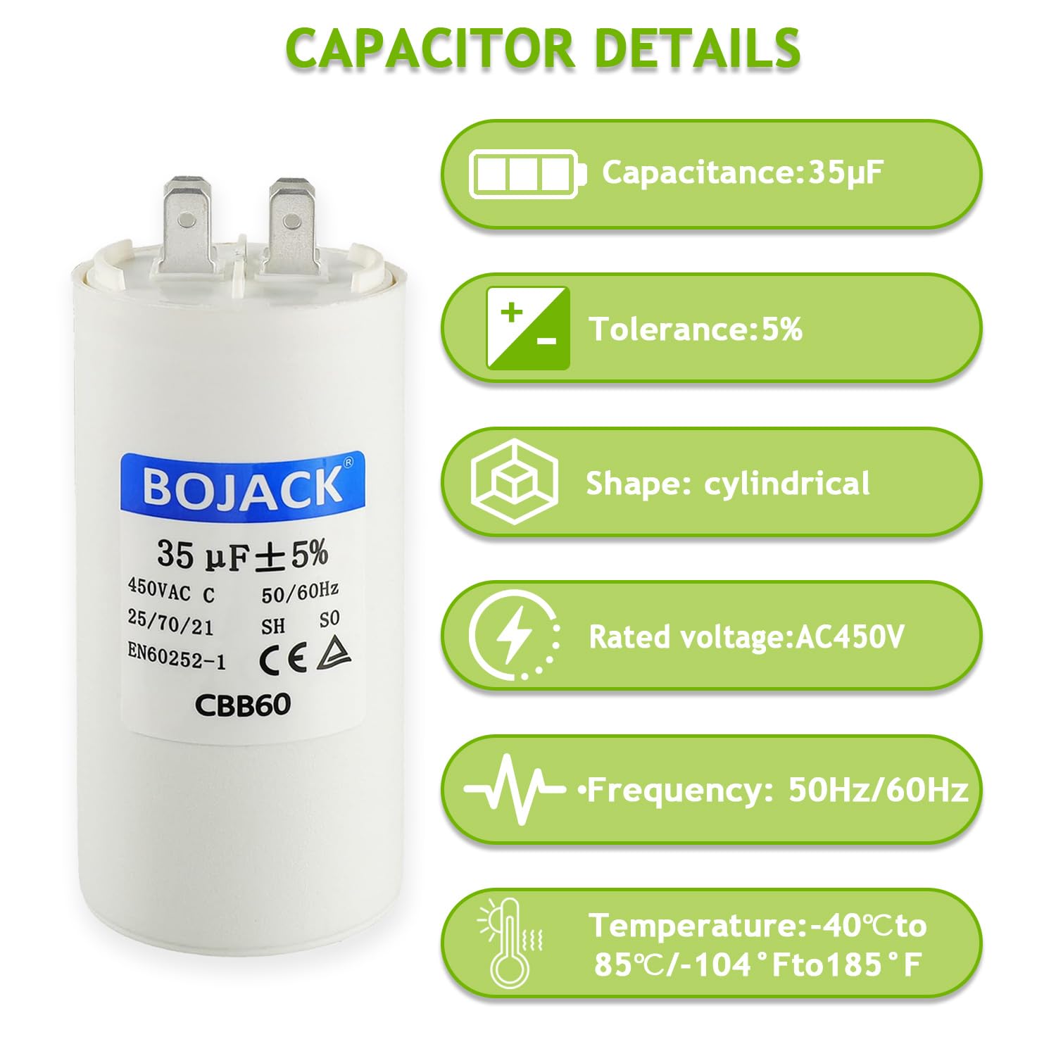 Amazon.com: BOJACK CBB60 35uf 450 Volt 50/60Hz AC Capacitor