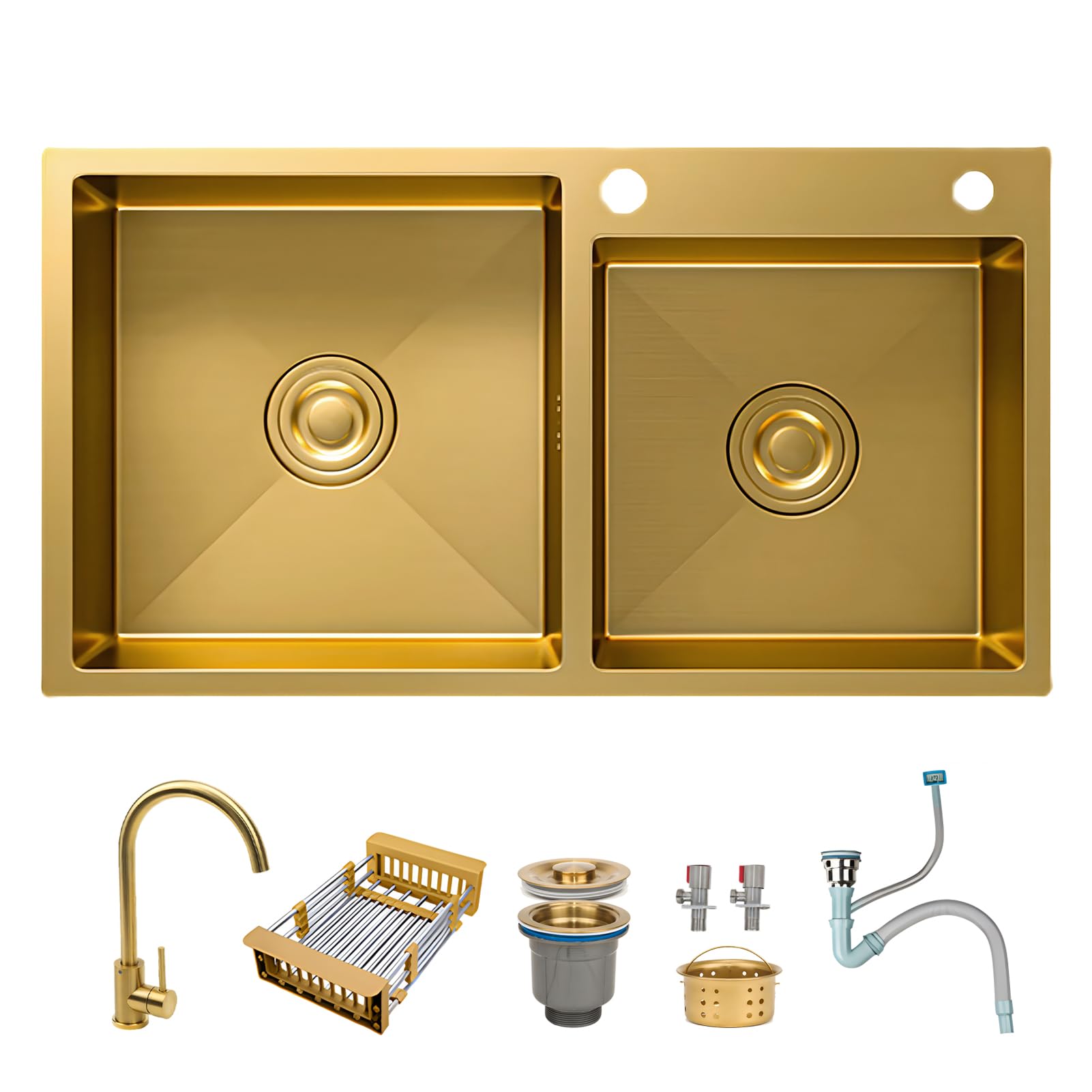 Évier de cuisine 2 bacs 75x40 cm Dorado en acier inoxydable brossé avec robinet