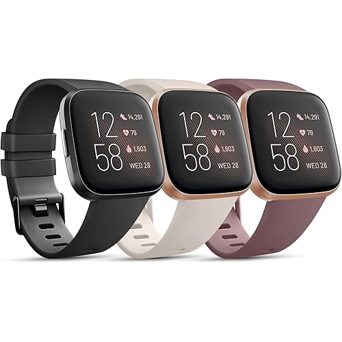 3 Pack Sport Bands Compatible with Fitbit Versa Bands, Classic Soft Sport Replacement Wristbands for Fitbit Versa 2 Smart Watch Women Men