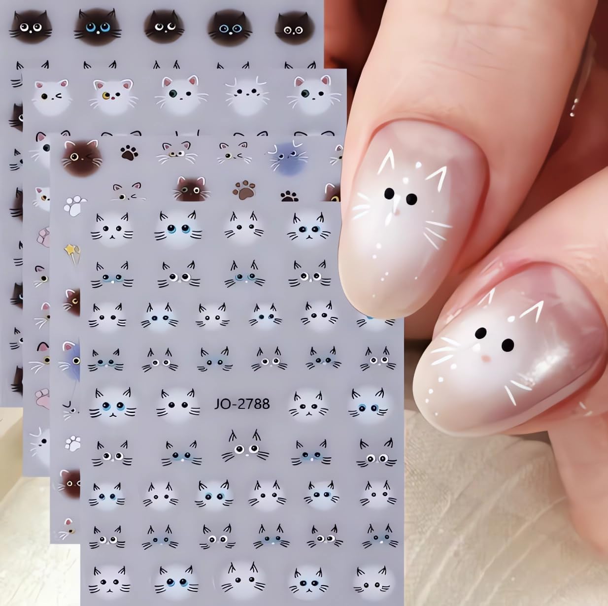 4 Sheets Cute Cat Nail Stickers Little White Pink Cats Nails Decals Fashion 3D Self-Adhesive Kawaii Cat Stars Designs Nail Accessories Colorful Cat Paw Love Heart Nail Decor for Women