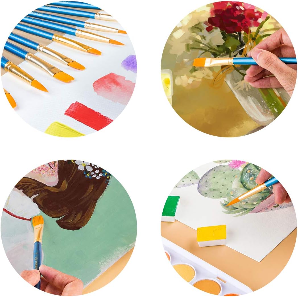 Elisel Paint Brush Set, 10 pcs Nylon Hair Art Paint Brushes for Acrylic Painting for Acrylic Oil Watercolor, Face Nail Art, Miniature Detailing and Rock Painting (Blue)