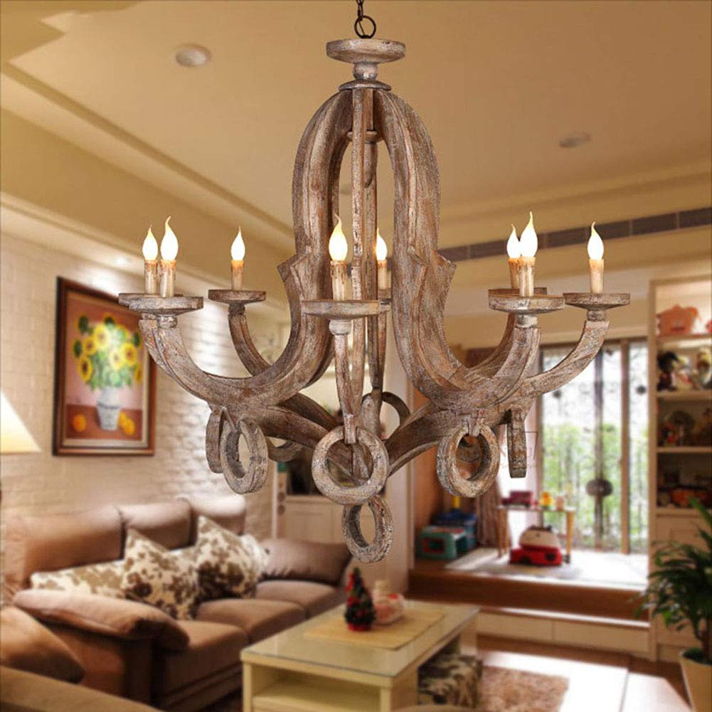 Für Woh,E14 Elegante Shabby Chic Holz Während Lighting Bauernhaus Deckenleuchten Kreative Schnitzerei Holzschnitzerei Kronleuchter,Rustikalen Vintage Einstellbar Kerze Kronleuchter-Retro,Um altes weiß