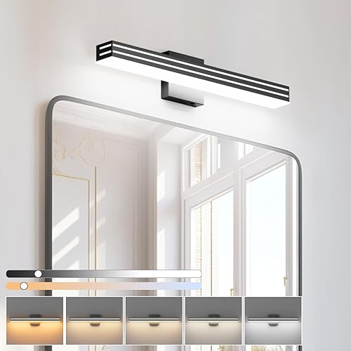 Ralbay Lámpara de tocador negra de 5 colores regulables de temperatura LED moderna barra de luz de tocador de baño de 24 pulgadas 24 W acrílico