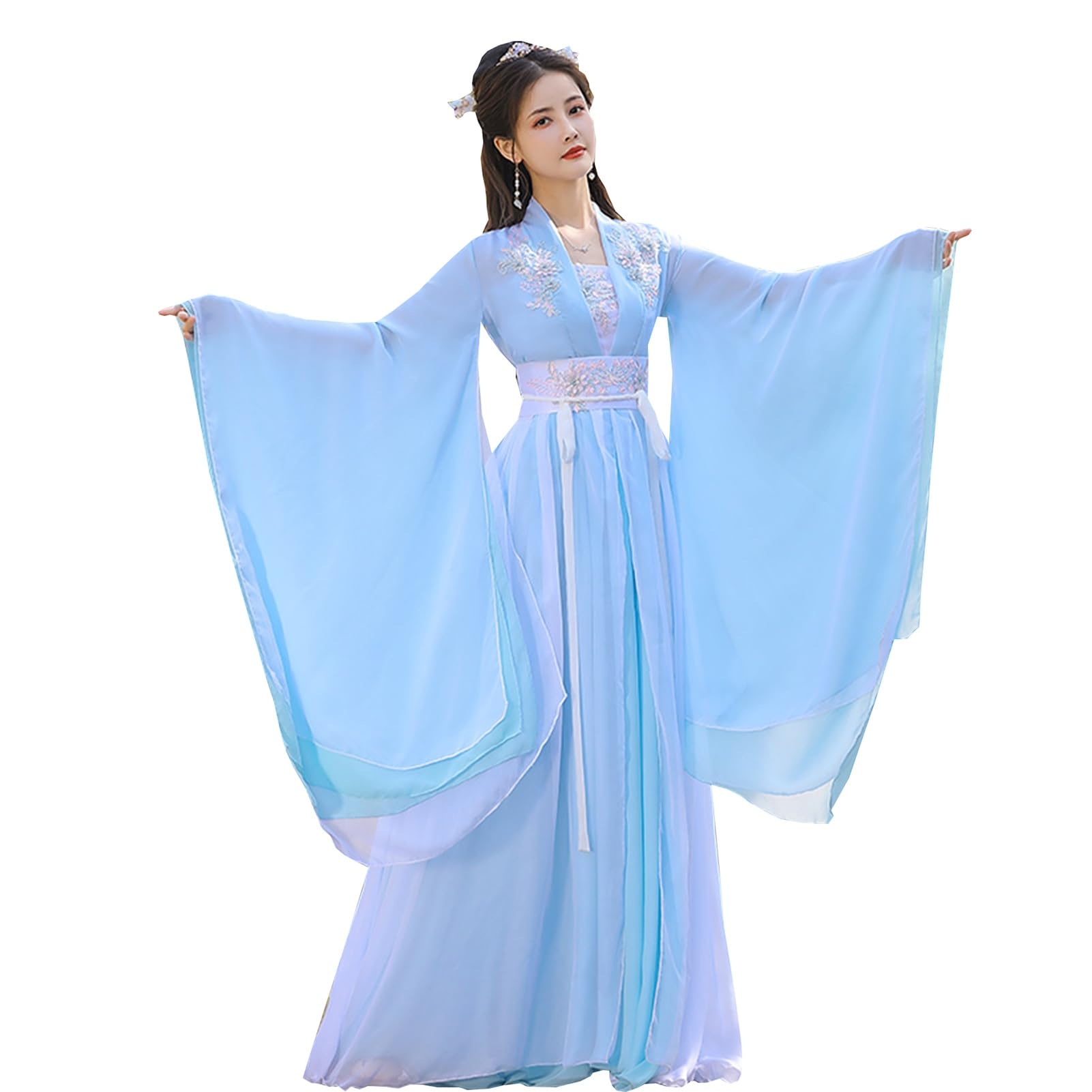 hanfu Women's Chinese Hanfu Dress Wide Sleeve Tradtional Clothing Ancient Princess Party Chinese Style Blue Flowing Fairy Dress (Color : Blue, Size : XS)