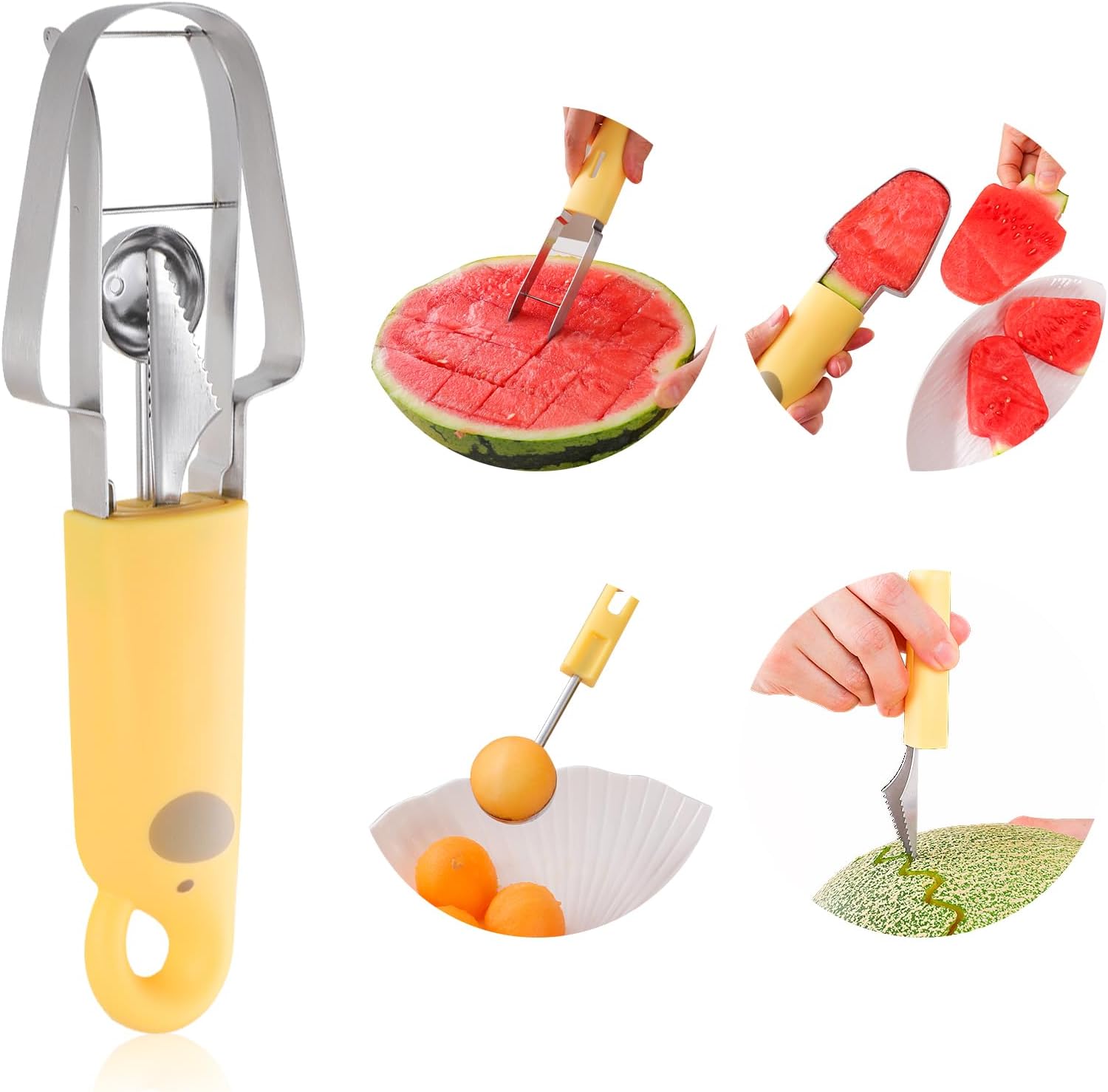 Watermelon Slicer Cutter 4-in-1 Stainless Steel Water Melon Cutter Fruit Scooper Popsicle Cutters Carving Tools Multi Function Creative Kitchen Gadgets for Camping & Travel