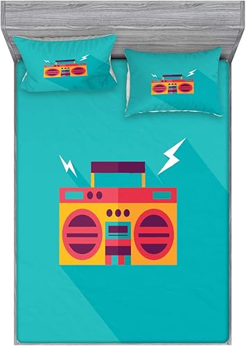 Lunarable Juego de sábanas bajeras y fundas de almohada, diseño retro de Ghetto Blaster Audio Boombox con una sombra larga, juego de ropa de cama