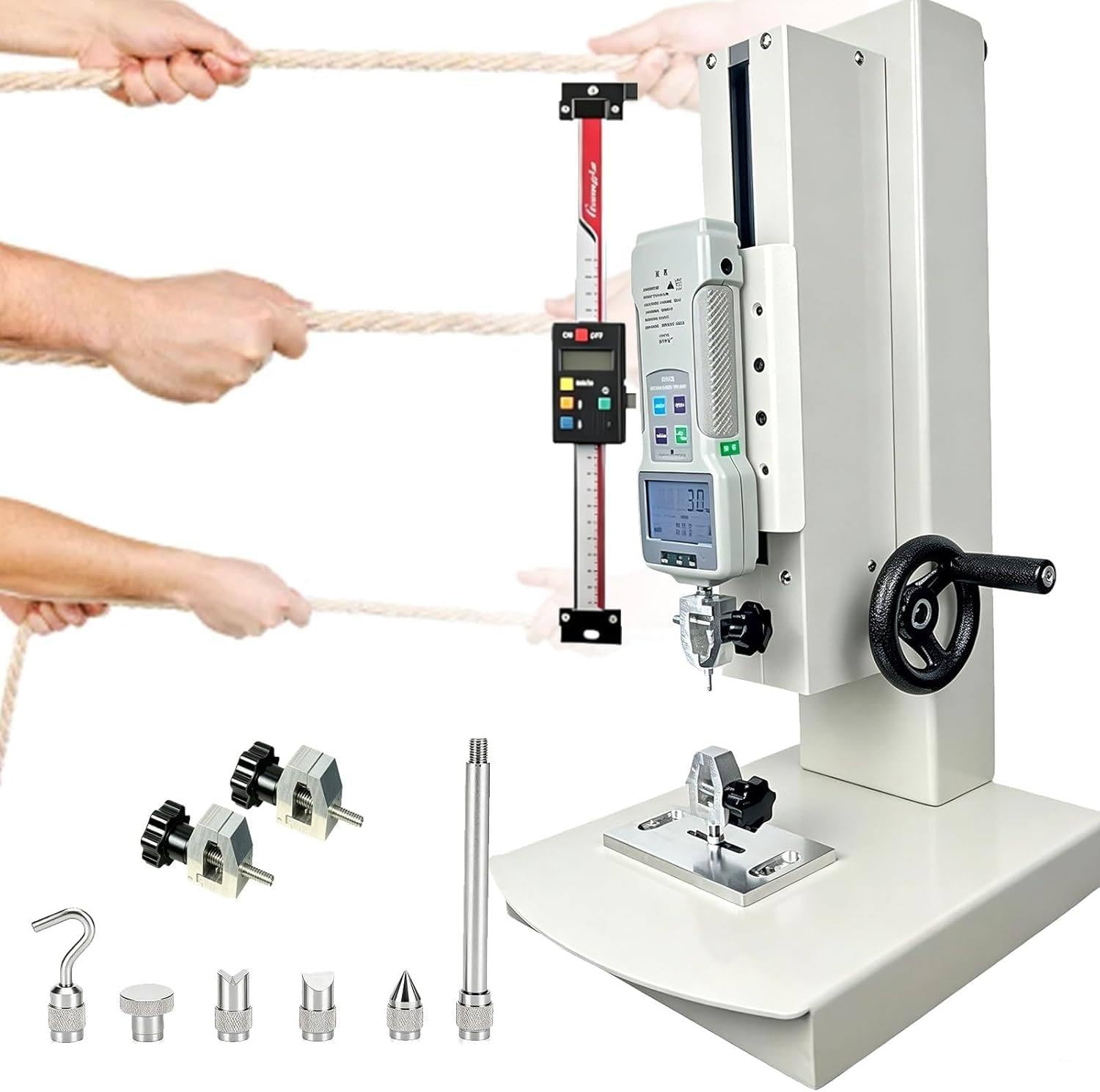 XUXIAO Hand Crank Vertical Tensile Test Bench, 10-2000N Digital Pull Force Tester, with 5 Probes, 2 Testing Clamp, Stroke 270mm, for Compression and Tension Testing Withruler-2000N