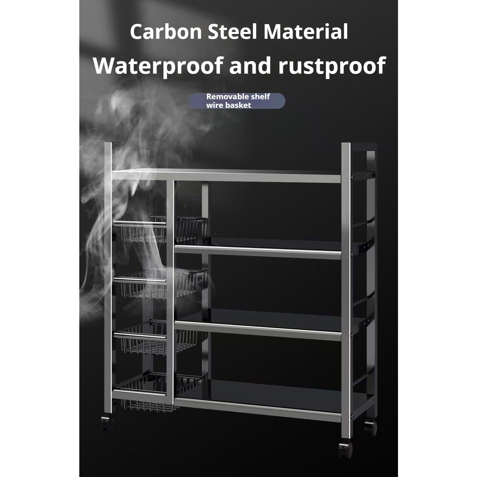 Estante de almacenamiento de metal, carrito ajustable de cuatro capas resistente con ruedas, organizador multifunción para cocina, sala de estar, dormitorio