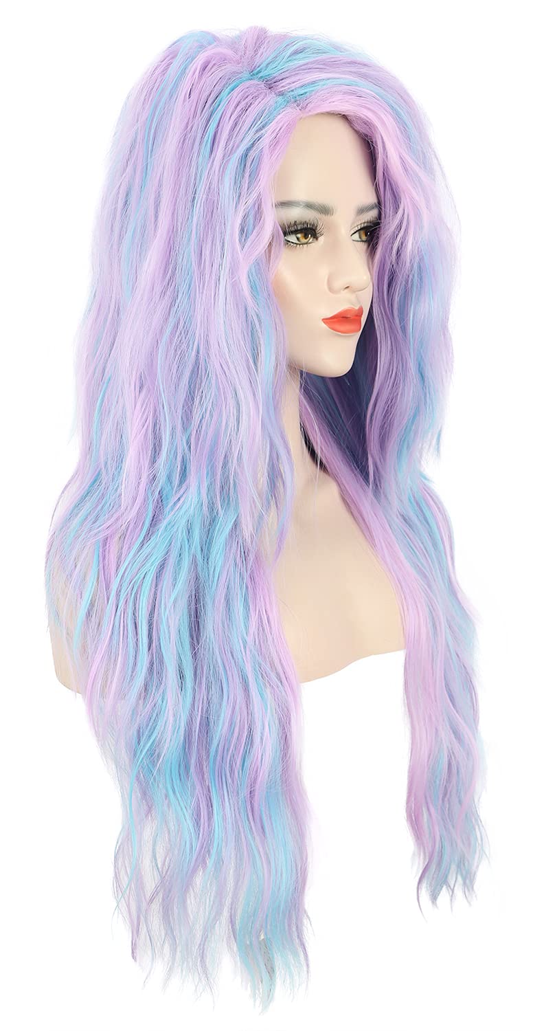 karlery 30'' Adult Women Long Wave Blue and Purple Wig Halloween Cosplay Costume Party Wig - Image 3