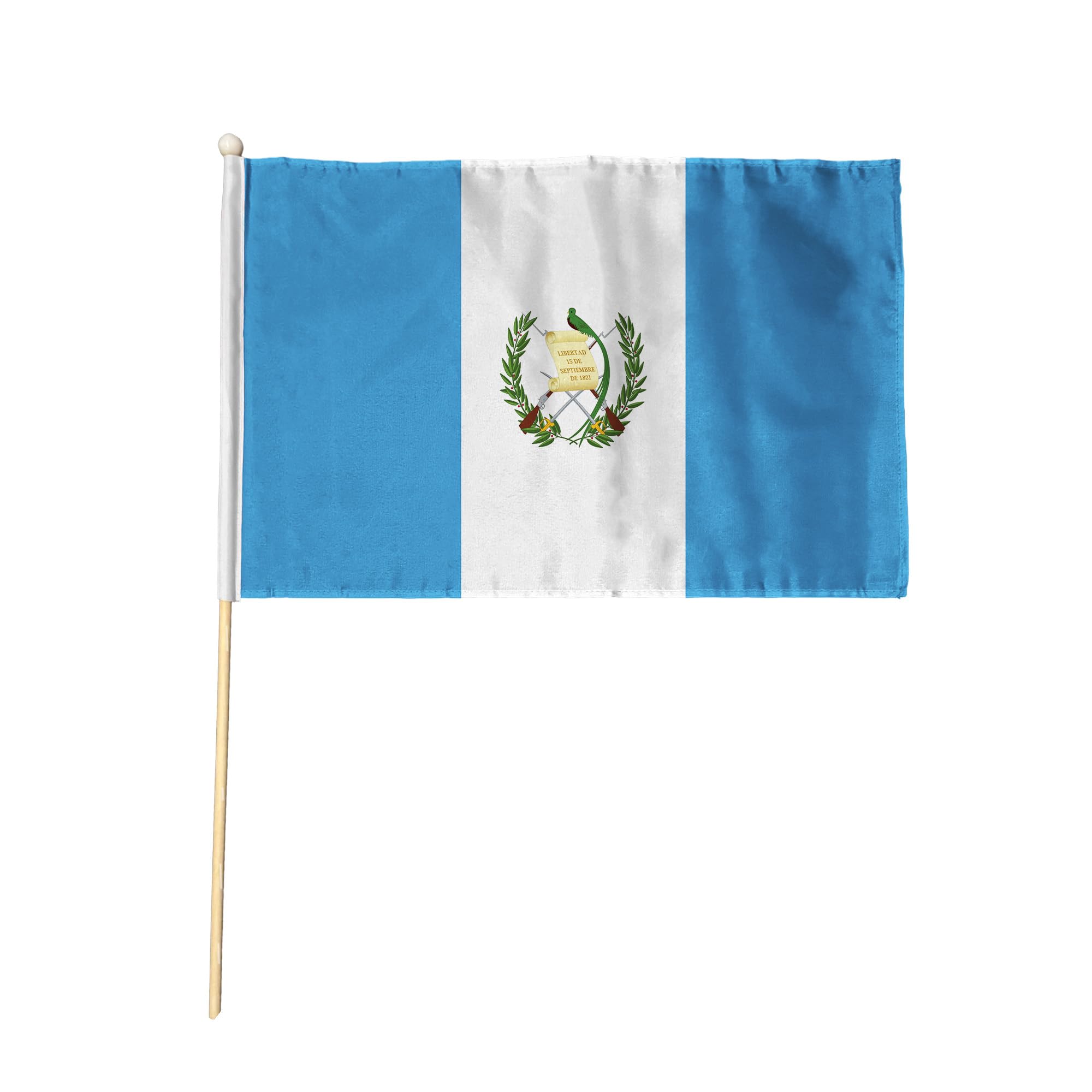 Flagtex Guatemala Pack of 12 Hand Waving Flag (9x6 Inch) - Premium Wooden Stick Hand Flag 9x6 Inch Natural Wood Pole Light Blue White Coat of Arms Flag Events Parades