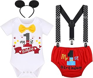 IBTOM CASTLE Baby,Clothing,Baby Boys 0-24m,Outfits & Clothing Sets Baby Boys 1st Birthday Cake Smash Outfit Bowtie Romper Bodysuit Onesies+Diaper Cover Pants+Y-Back Suspenders +Headband 4PCS Tuxedo Gentleman Clothes Mickey Mouse Cosplay Costume Photo Props
