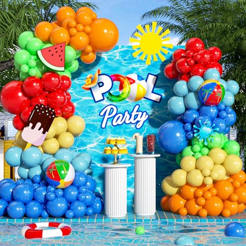 143pcs Pool Party Balloon Arch, Pool Party Balloons with Beach Ball Balloons for Pool Luau Tropical Hawaii Baby Shower Birthday Party Decorations