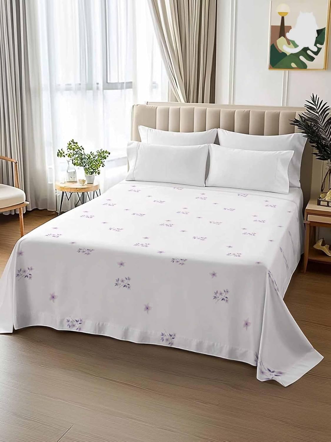 Twin XL Flat Sheet, Purple Flowers Twin XL Bed Sheets Only, Soft Microfiber Flat Sheet, Farmhouse Botanical Watercolor Hotel Quality Bedding Top Sheet Bedroom Home Dorm Decor