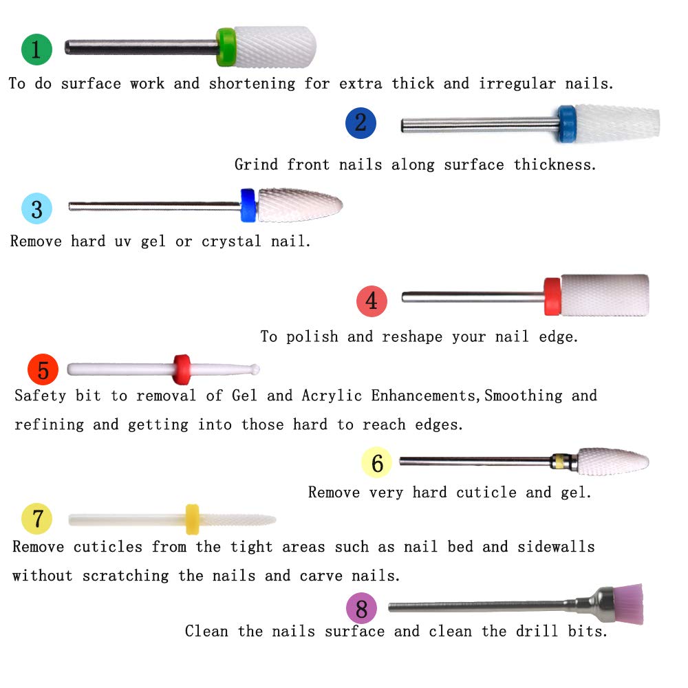 Xmasir 8 Pieces 3/32" Ceramic Nail Drill Bits Set Cuticle Clean Acrylic Gel Remove Polishing Manicure Pedicure Nail Art Tools for Electric Nail File