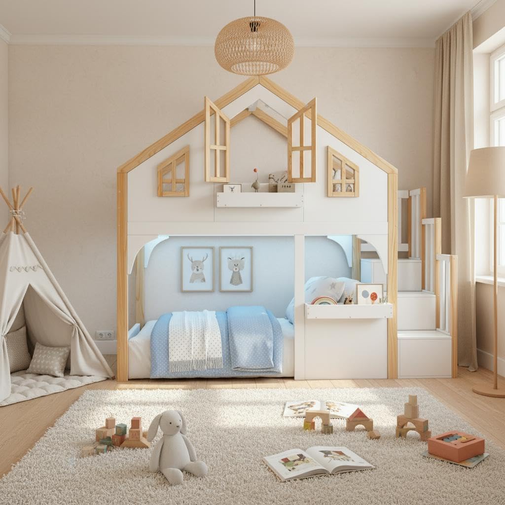 Haus-Etagenbett Kinderbett 90x200 cm mit LE/D Funktionen, Innovativer Stauraumtreppe, Fantasievollem Fenster-Design, Holz + MDF, Geeignet für 2 Kinder, Weiß + Natur