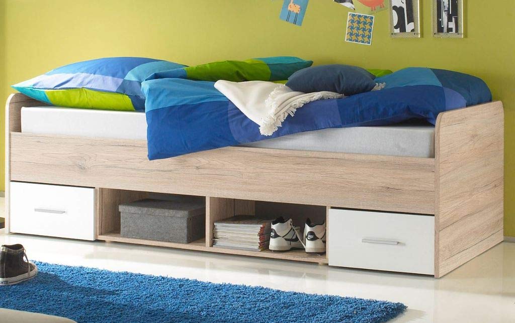 NANU Jugendzimmer Komplett-Set in Eiche San Remo Optik, Weiß - Kinderzimmer Möbel-Set 4-teilig bestehend aus Kleiderschrank, Bett, Standregal & Wandboard