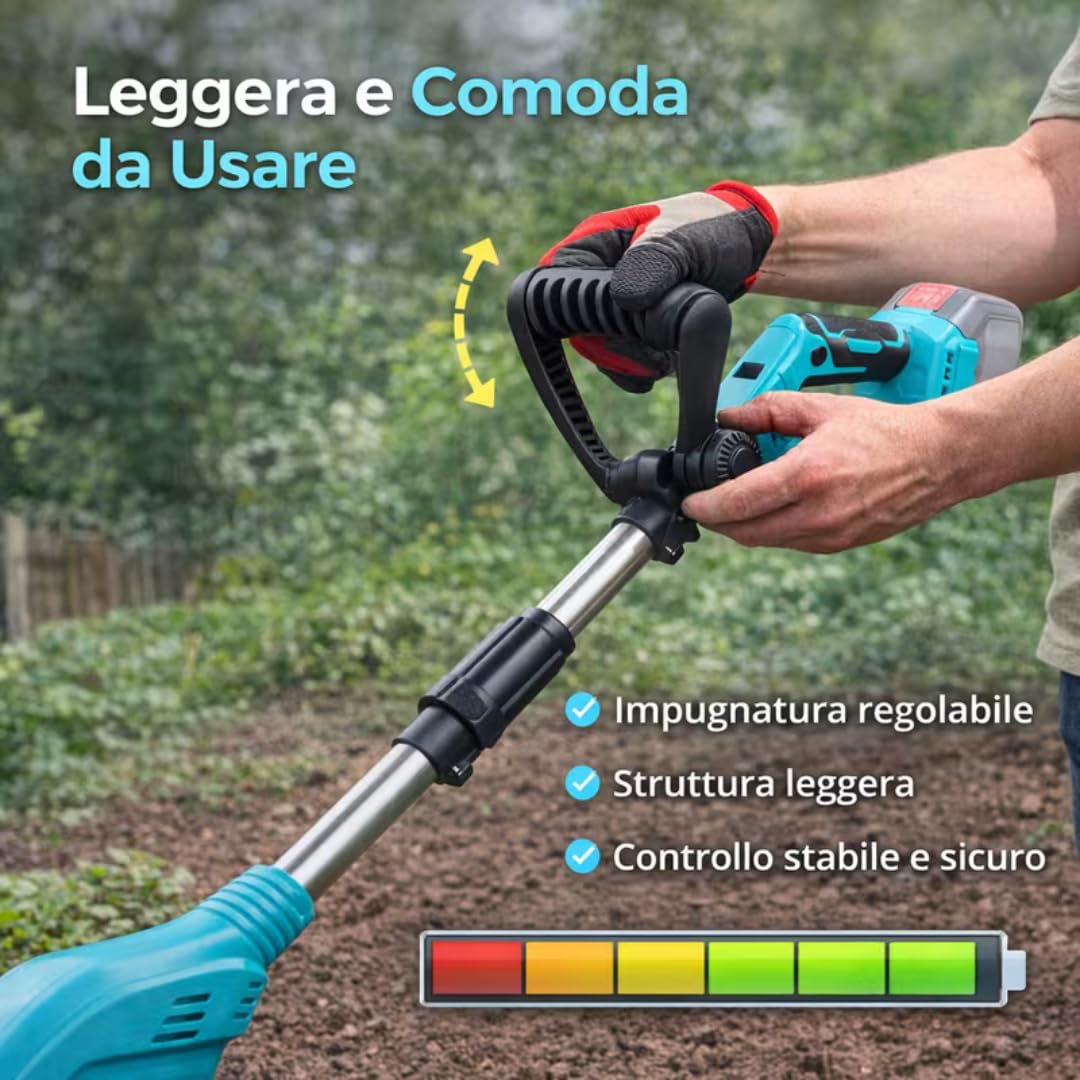 Motozappa Elettrica a Batteria 48V, Zappetta da Giardino Portatile con Asta Regolabile in Acciaio Inox, Attrezzo per Lavorazione e Frantumazione Terreno, 2 Batterie Incluse + Caricatore.