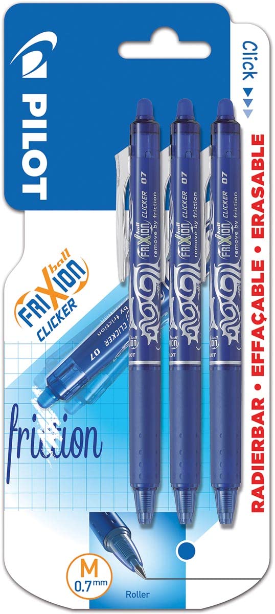 PILOT Clicker Retractable Erasable Rollerball, 0.7mm Tip- Blue, Pack of 3, Medium