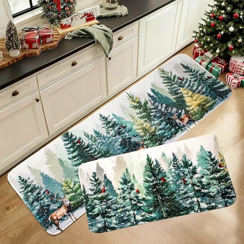 Vorhomness Christmas Kitchen Rug Set of 2, Winter Forest Pine