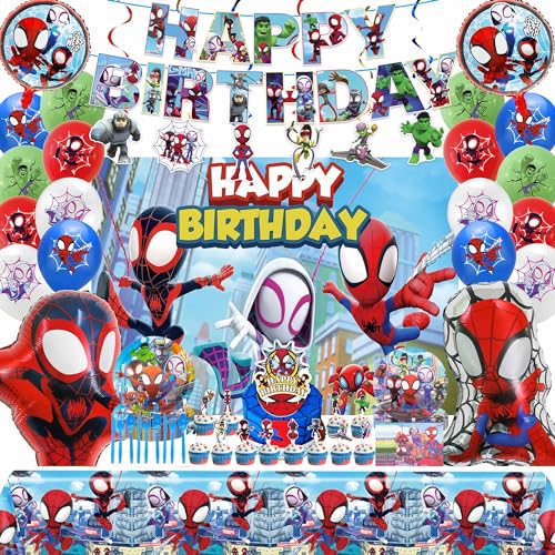 174pcs Spidey and Friends Birthday Decorations Include Banner, Backdrop, Balloons, Tablecloth, Plates for Spidey and His Amazing Friends Birthday Decorations (Serve 10 Guest)