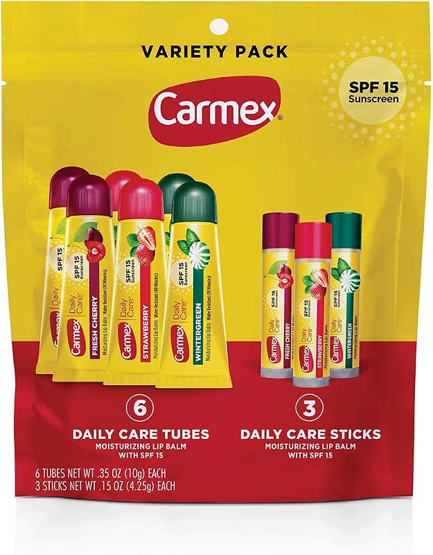 Carmex Daily Care Moisturizing Lip Balm Pack, SPF 15, Multi-Flavor Lip Care Variety Pack Bag, 9 Count (6 Tubes, 3 Sticks)