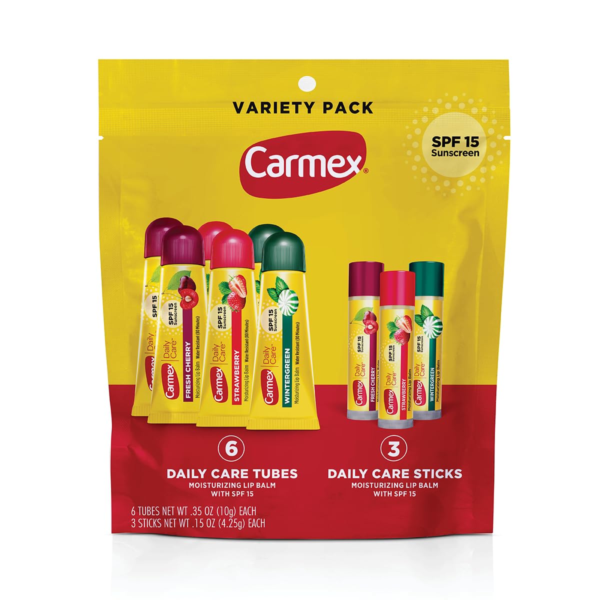 Carmex Daily Care Moisturizing Lip Balm Pack, SPF 15, Multi-Flavor Lip Care Variety Pack Bag, 9 Count (6 Tubes, 3 Sticks) Carmex Daily Care Moisturizing Lip Balm Pack, SPF 15, Multi-Flavor Lip Care Variety Pack Bag, 9 Count (6 Tubes, 3 Sticks)