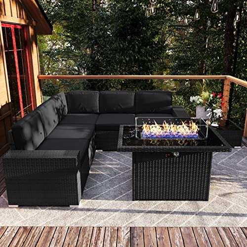 Vakollia 7 Pieces Patio Furniture Set with 44' Propane Gas Fire Pit Table, Outdoor Sectional Wicker Conversation Sofa Sets with Coffee Table