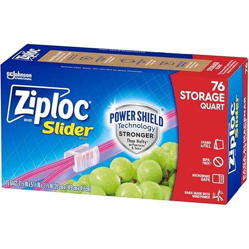 Ziploc Quart Food Storage Slider Bags, Power Shield Technology for More Durability, 76 Count (Packaging May Vary)