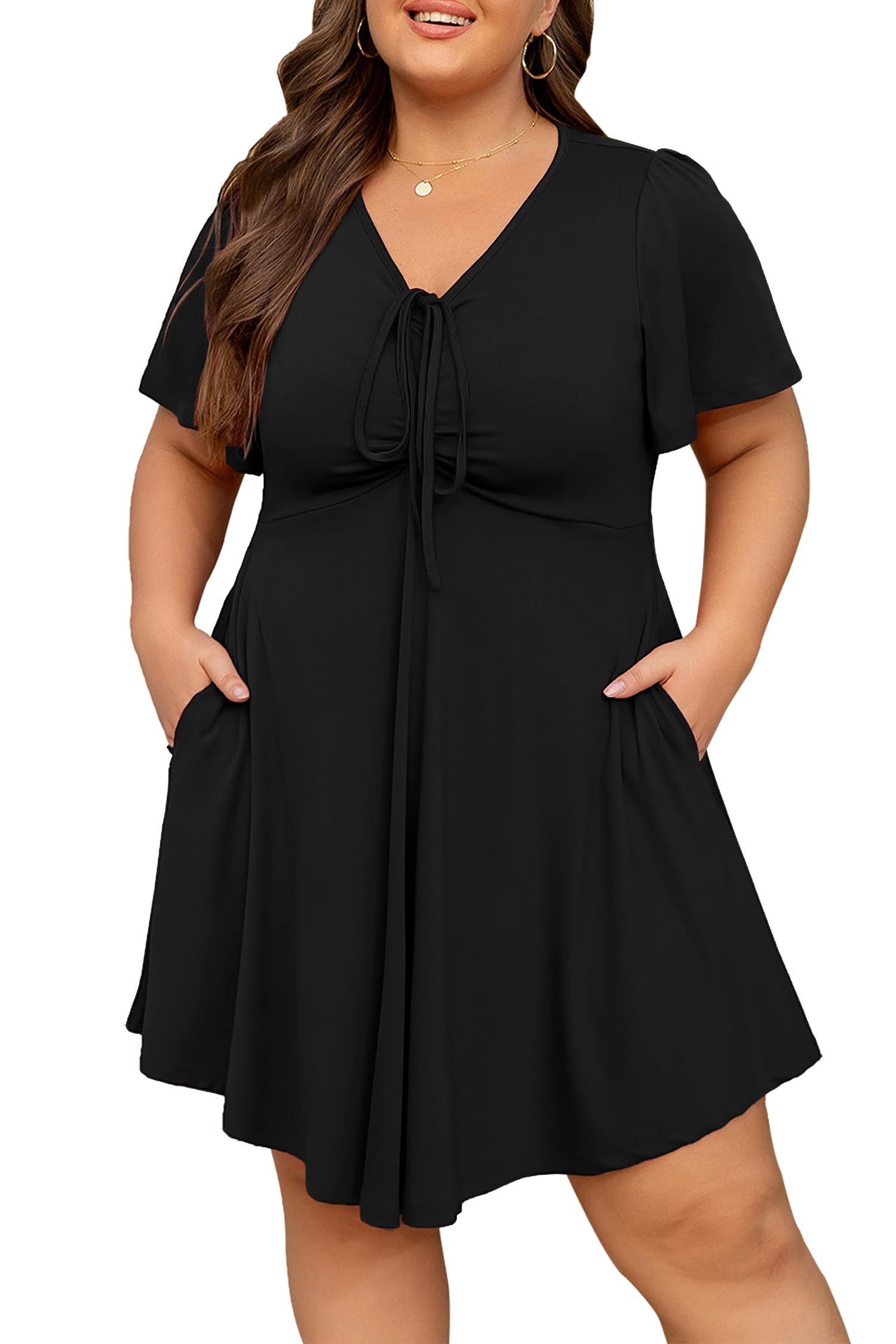 Manllenshie Women's Plus Size Dresses Casual Flowy Dress with Pocket Short Ruffle Sleeve V Neck Drawstring Bow Summer