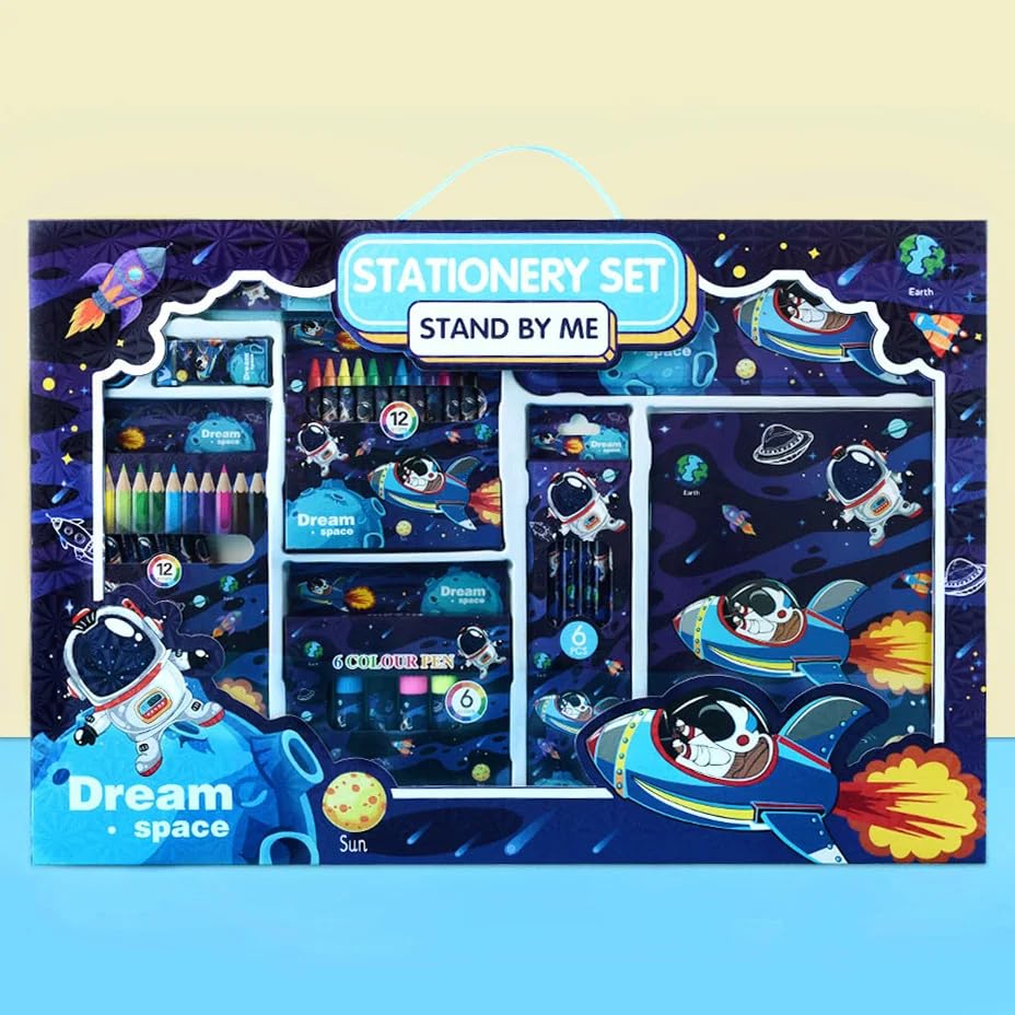 Image of WISHKEY 41 Pieces Space Theme All-in-One Stationery Set Stationery Items with Pencil Box Notebook Scale Eraser Sharpener Crayons Color Pencils Color Pens Pencils Return Gift for Birthday Kids Blue 6+