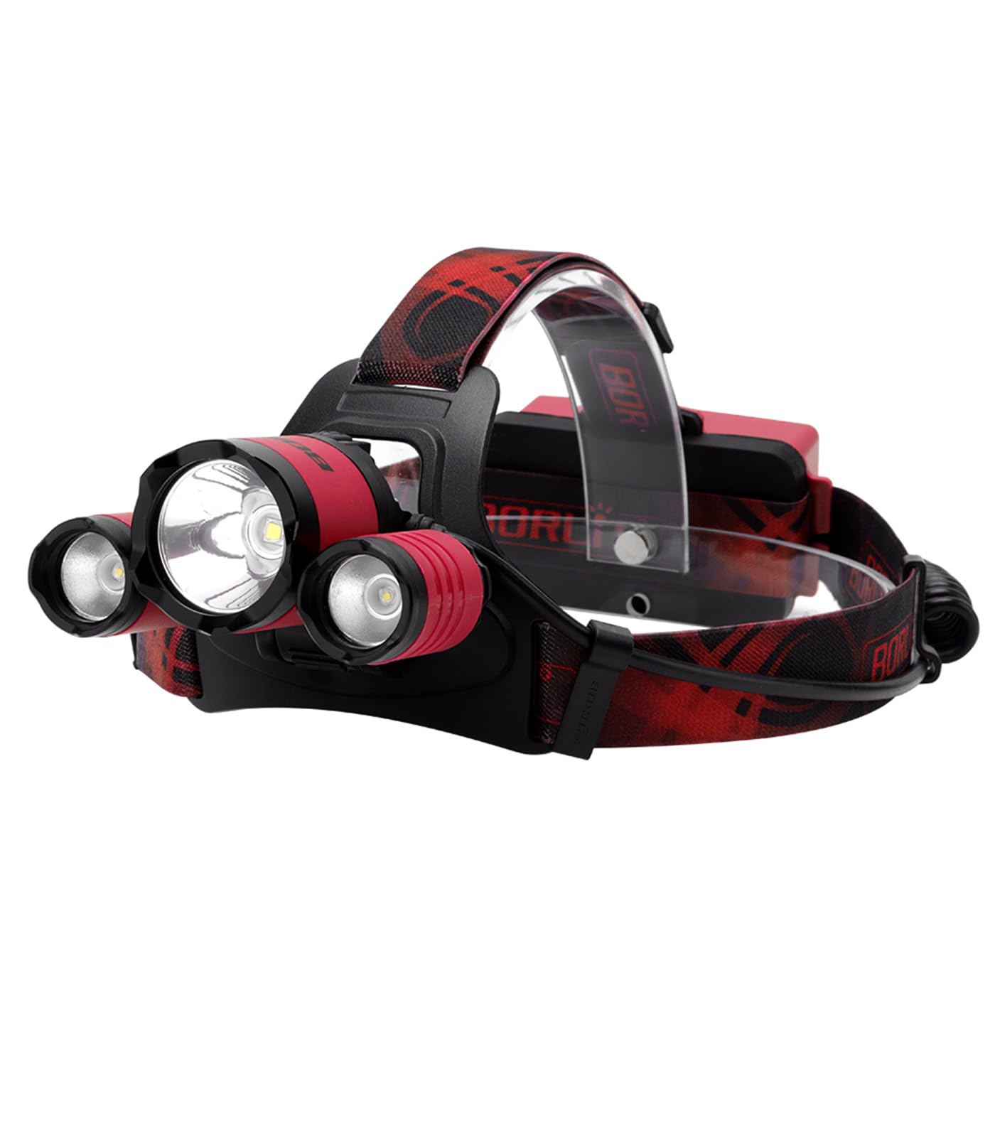 BORUIT B21 Lampe frontale LED rechargeable 5000 lumens pour front USB 2.0 5 V/1 A, 4 modes IPX5, étanche, angle réglable à 90°, alimentation par batterie, rouge
