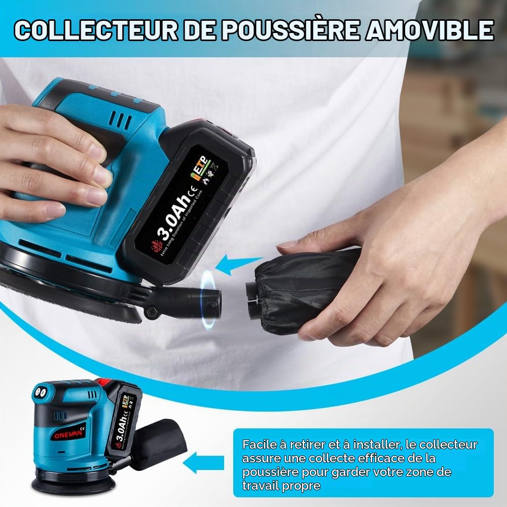 ONEVAN Ponceuse Excentrique Sans Fil 125mm avec 2 Batteries & 5 Papiers | 3 Vitesses 8000-12000 tr/min, Ponçage Rapide, Aspiration Efficace avec Sac, Pour le Ponçage du Bois, Métal et Vernis
