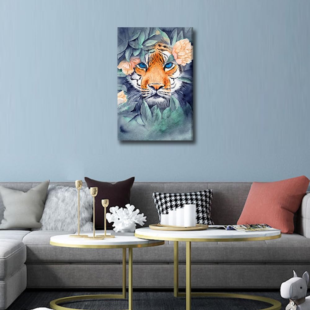 Wall Art for Living Room Tiger among Leaves and Flowers Posters Wild Animals Painting Canvas Wall Decor Artwork for Walls Modern Home Decor Stretched and Framed Ready to Hang, 60x90cm
