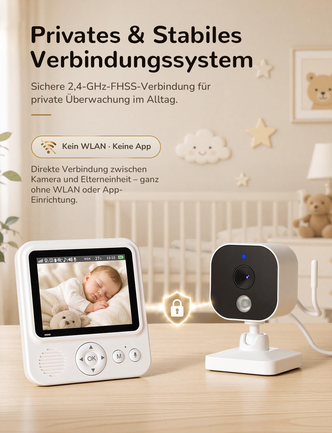 OBVHNUA Monitor niemowlęcy z kamerą 2,8 cala, 720P, podzielony ekran, bateria 2000 mAh, tryb VOX, dwukierunkowy dźwięk, noktowizor, czujnik temperatury, timer i 8 kołysanek