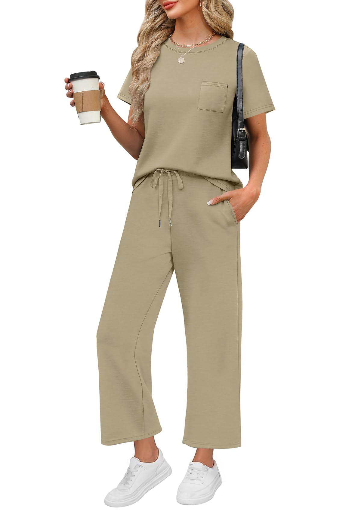 WIHOLL 2 Piece Sets for Women Casual Summer Travel Vacation Outfits Short Sleeve Wide Leg Crop Pants Lounge Sets