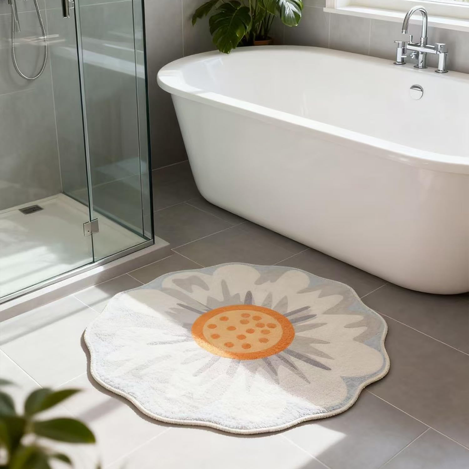 Daisy Flower Shaped Bath Rug 25.59" x 25.59" - Non-Slip Rubber Backing Cute Fluffy Round Bathroom Floor Mat, Soft Absorbent Accent Rug Doormat for Tub/Shower/Sink/Room, Quick Dry