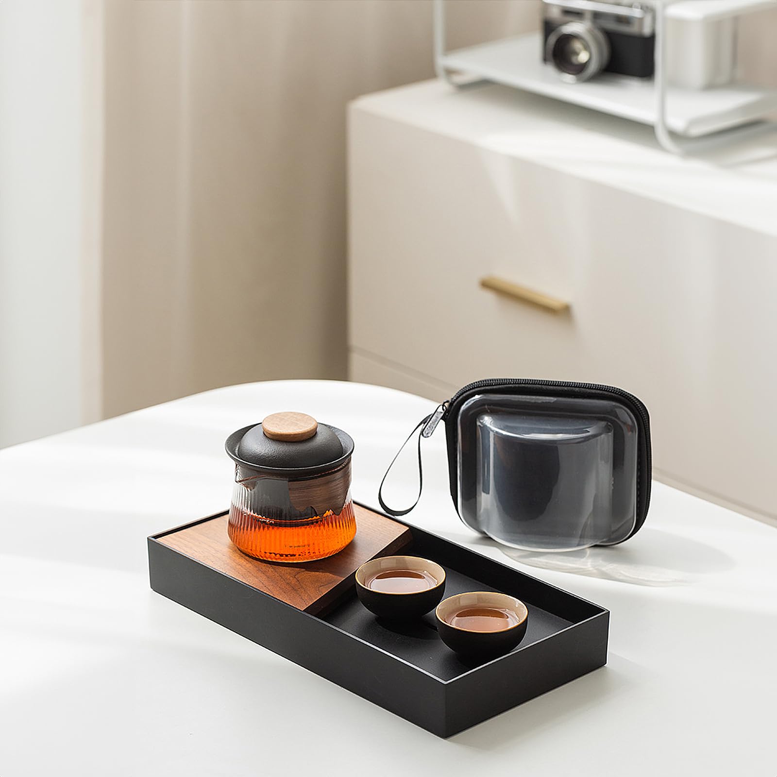 fanquare Set da Tè Portatile da Viaggio Teiera in Vetro Kung Fu Cinese in Porcellana Nero con Infusore Mini 1 Vaso 2 Tazze per Adulti