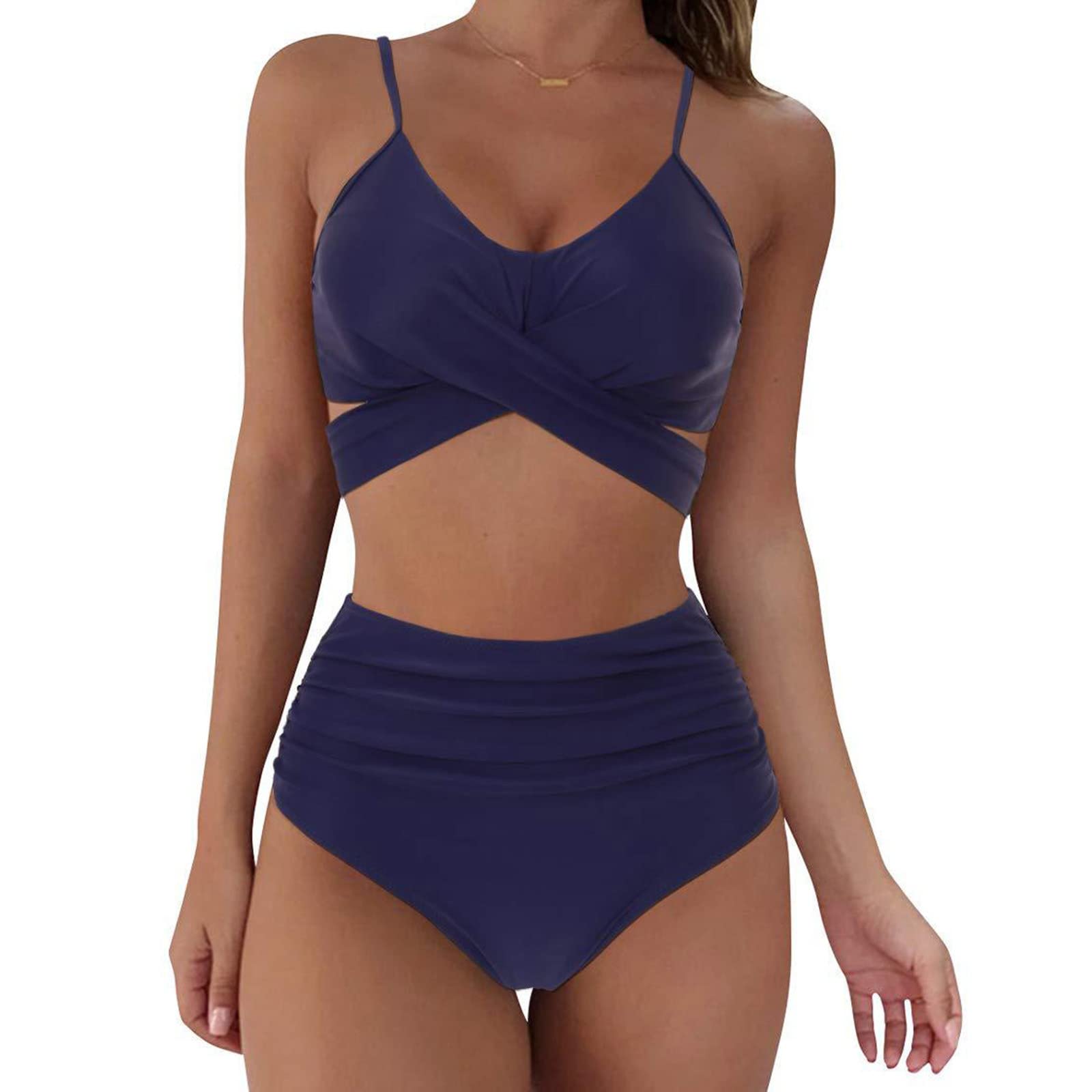 Women High Waisted Bikini Sets Tummy Control Swimsuits Spaghetti Straps Cross Front Push up Two Piece Bathing Suits