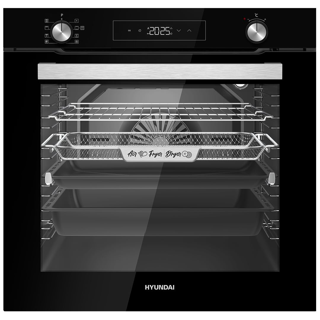 Hyundai Horno Multifunción Pirolítico Cristal negro HHMP15800DN. Capacidad 80 Litros, 2500 W, 9 Programas, Interior Esmaltado, Fácil Limpieza, Display LED Manual, Eficiencia Energética Clase A