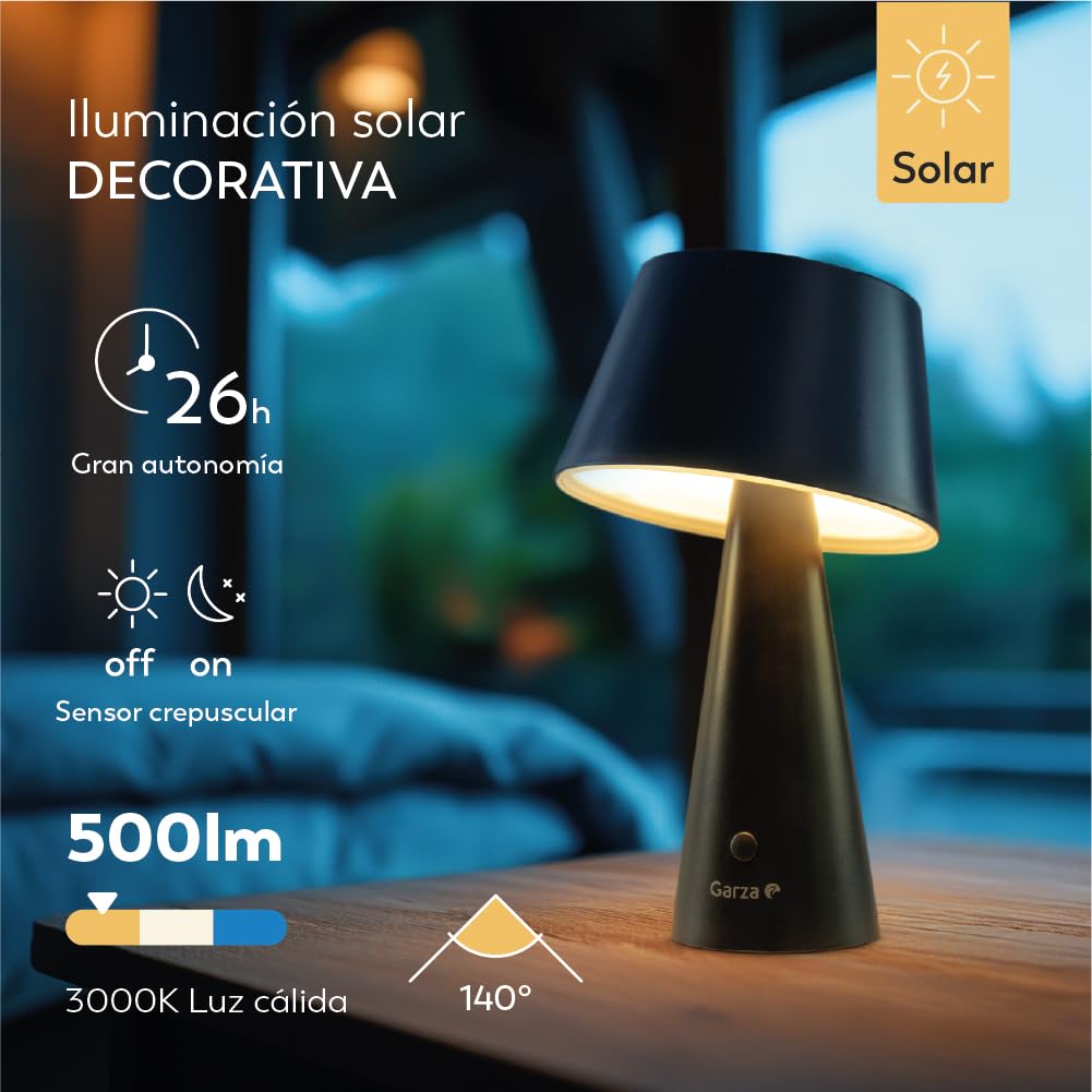 Garza Lampa solarna LED, 500 lm, ciepłe światło 3000 K, podwójne ładowanie (Solar i USB-C), 26 godzin autonomii, 4 tryby oświetlenia, IP44, odporna na działanie na zewnątrz i wewnątrz