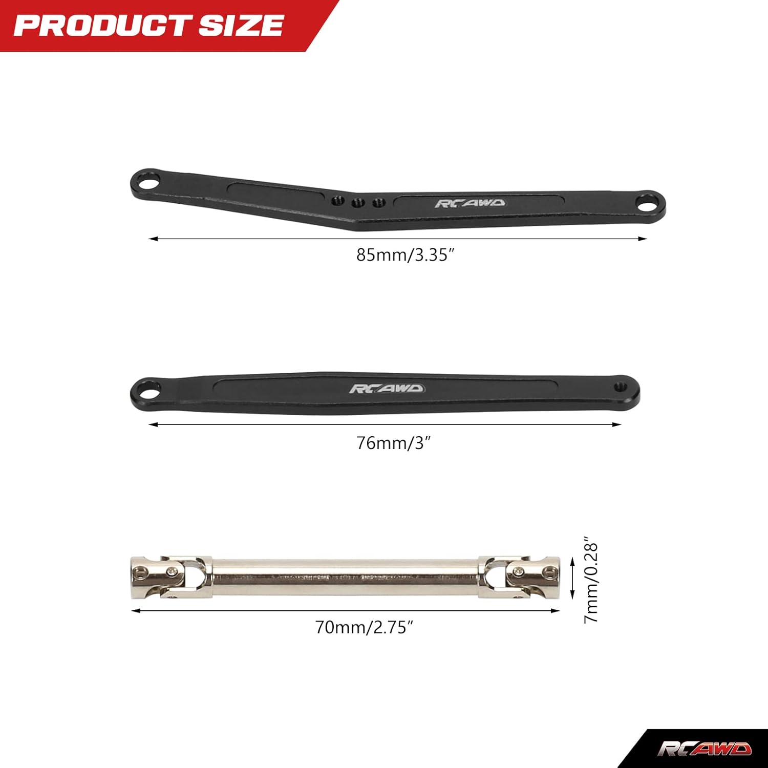 RCAWD for FMS FCX24, 35mm Extended Upper & Lower Linkage & 70mm CVD Center Drive Shaft Upgrades Parts 1/24 Crawlers Black