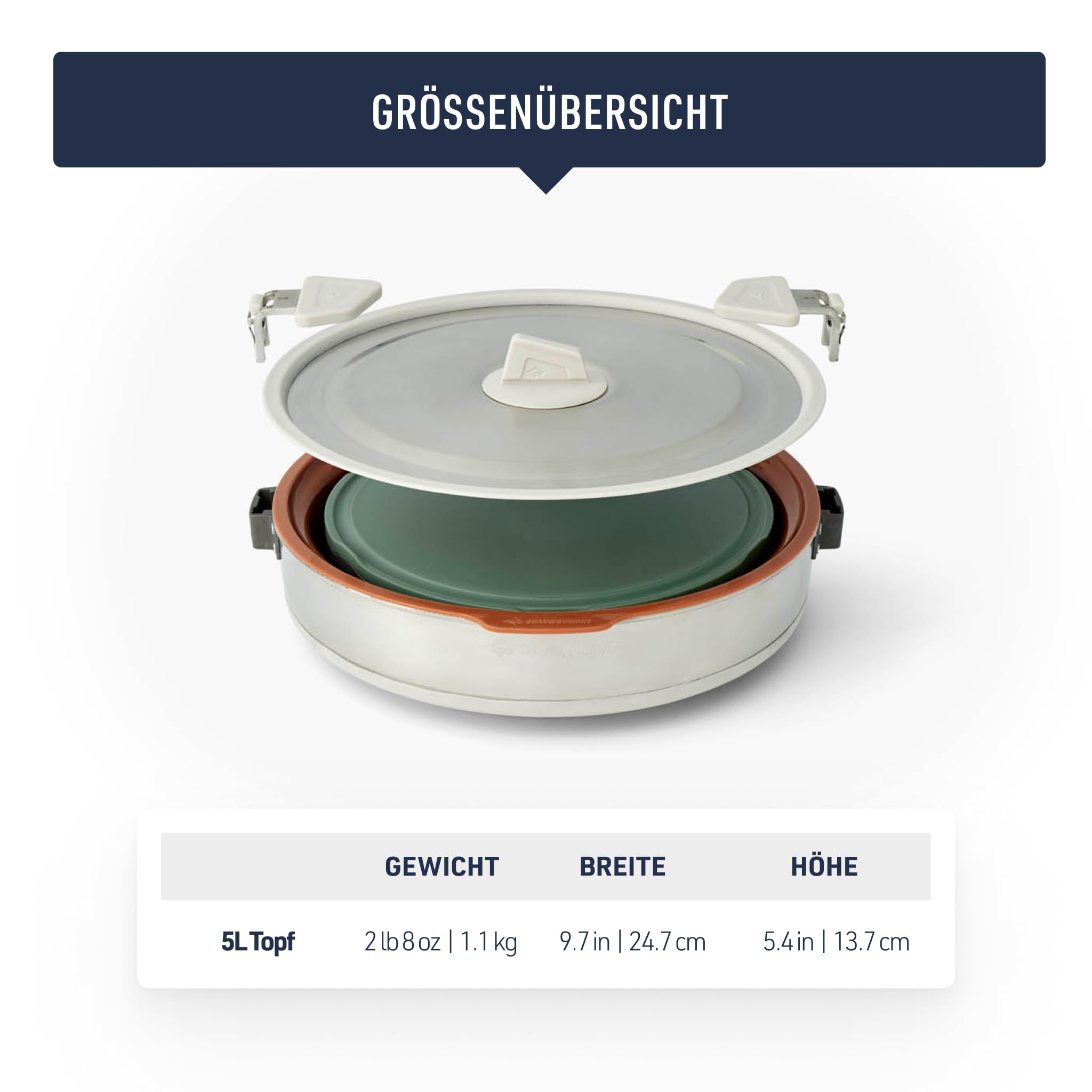 SEA TO SUMMIT - Detour Essentials Camp Kitchen Kit - 2 bis 4 Personen, 4-teilig - Faltbarer Topf 5L & Sieb + Deckel + 2 Schneidebretter - BPA-frei - Campingkochgeschirr aus Silikon & Edelstahl - 1681g