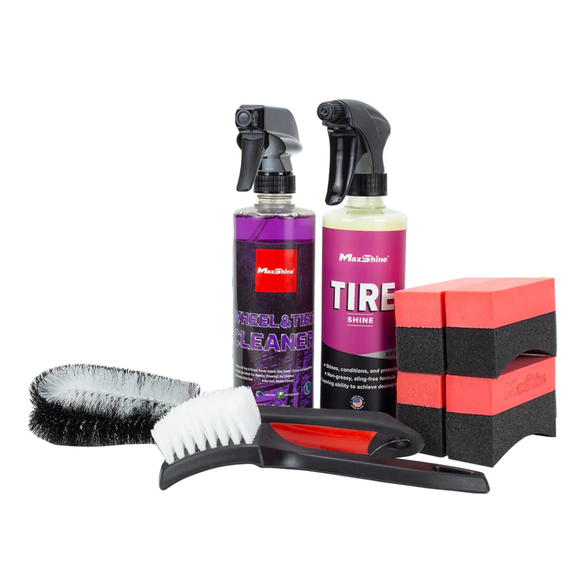 Maxshine Wheel & Tire Cleaning Kit – Heavy-Duty Wheel & Tire Cleaner, High-Gloss Tire Shine, Tire Dressing Applicators & Scrub Brush for Deep Cleaning & Shine