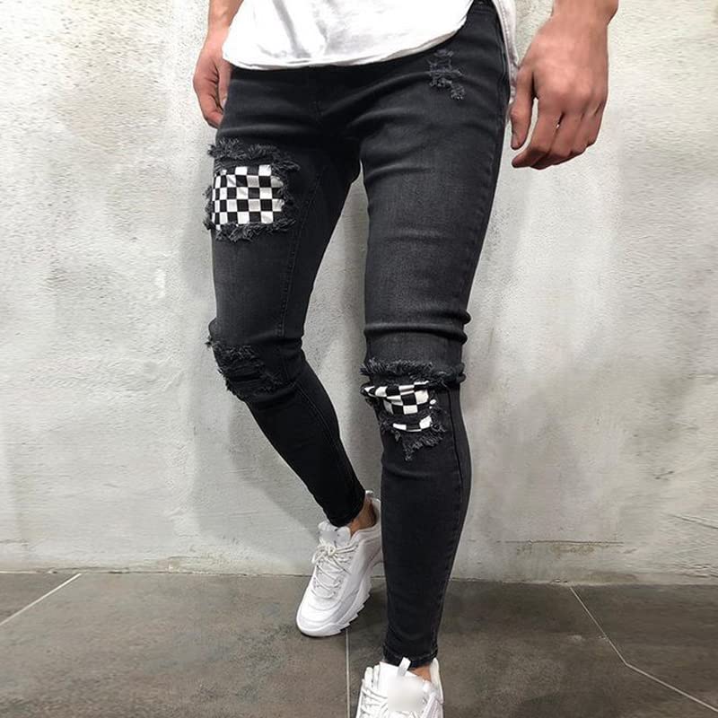 Maiyifu-GJ Men's Ripped Stretch Skinny Jeans Destroyed Patches Tapered Leg Jean Pattern Distressed Slim Fit Denim Pants (Black,XX-Large)