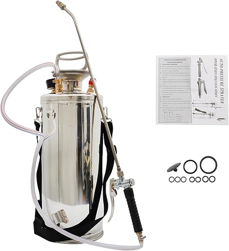 2 Gallon Stainless Steel Sprayer, 20 Wand & 3FT Reinforced Hose, Heavy Duty Hand Pump Sprayer with Pressure Gauge, Safety Valve and Adjustable Nozzle, for Lawn, Garden Watering (Silver-8L)