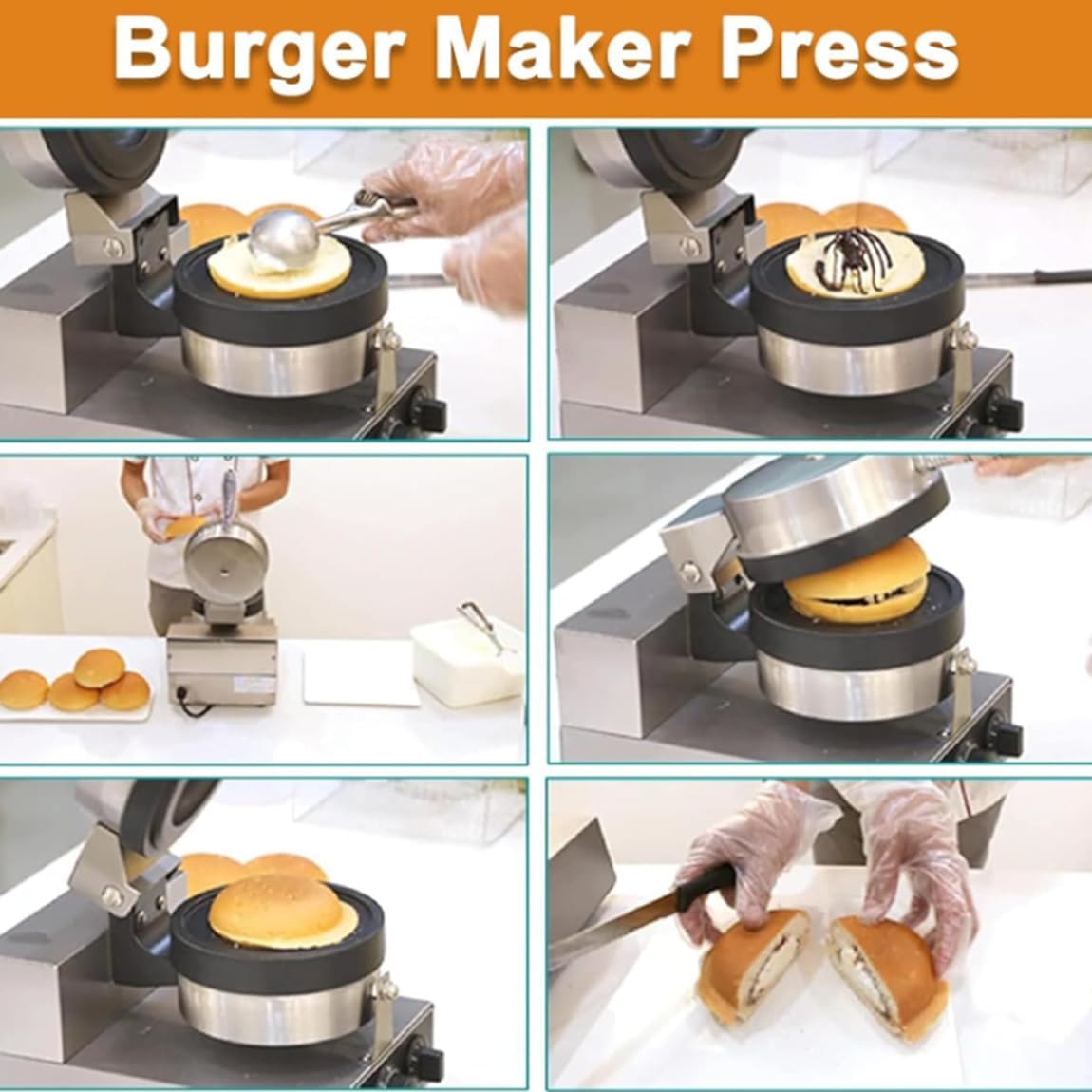 Commercial Electric Burger Waffle Maker Machine, Non Stick Panini Hamburger Press Machine Stainless Steel Ice Cream Burger Baker for Waffles, Paninis Household Hamburger Maker 1200W