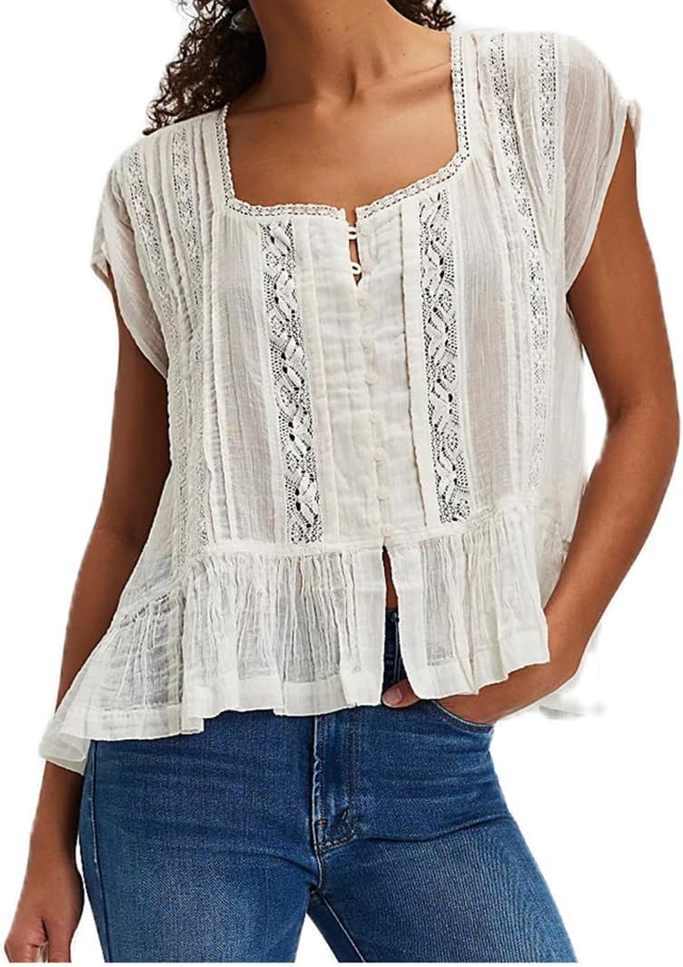 Women’s Tie Front Ruffle Boho Tops Flowy Sheer Short Sleeve Lace Blouse Y2k Embroidered Babydoll Button Down Shirts