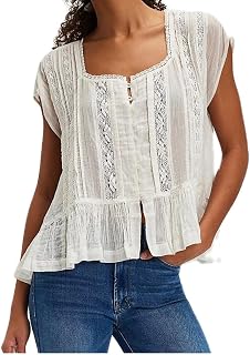 Yiulangde Womens Tie Front Ruffle Boho Top Flowy Sheer Lace Babydoll Blouse